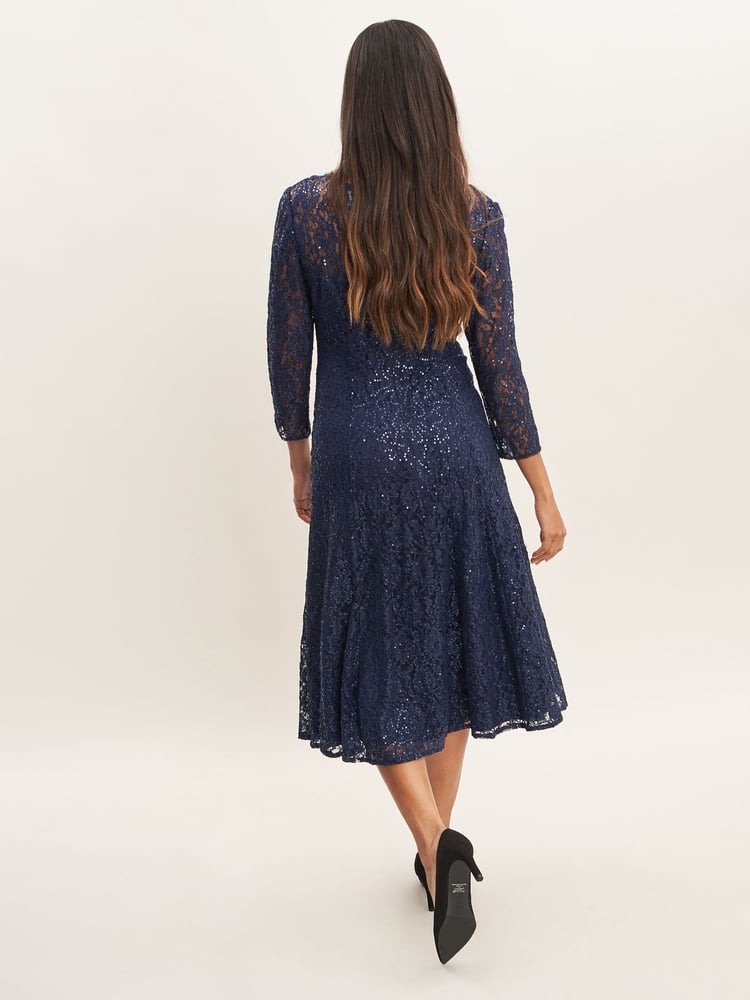 Gina Bacconi Blue Elianna Midi-Length Sequin Lace 3/4 Sleeve Cocktail Dress - Image 2 of 5
