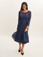 Gina Bacconi Blue Elianna Midi-Length Sequin Lace 3/4 Sleeve Cocktail Dress - Image 3 of 5