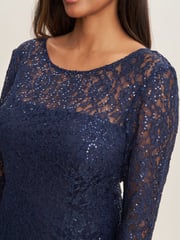 Gina Bacconi Blue Elianna Midi-Length Sequin Lace 3/4 Sleeve Cocktail Dress - Image 4 of 5