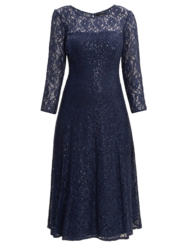 Gina Bacconi Blue Elianna Midi-Length Sequin Lace 3/4 Sleeve Cocktail Dress - Image 5 of 5