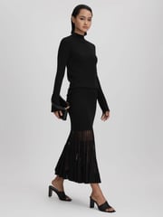 Reiss Black Tilly Knitted Sheer Flared Midi Skirt - Image 1 of 6