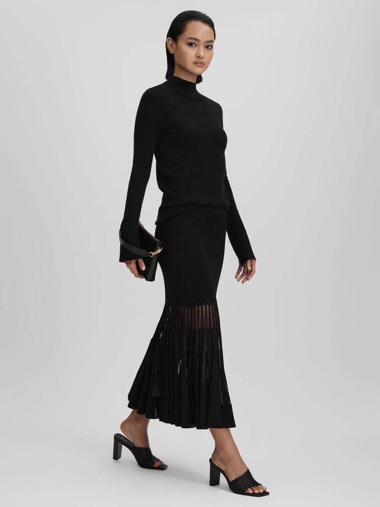 Reiss Black Tilly Knitted Sheer Flared Midi Skirt - Image 1 of 6