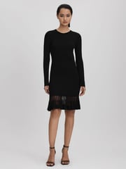 Reiss Black Teagan Knitted Sheer Flared Mini Dress - Image 1 of 6