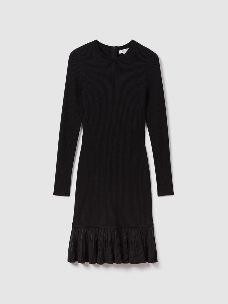 Reiss Black Teagan Knitted Sheer Flared Mini Dress - Image 2 of 6