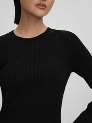 Reiss Black Teagan Knitted Sheer Flared Mini Dress - Image 3 of 6