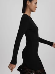 Reiss Black Teagan Knitted Sheer Flared Mini Dress - Image 5 of 6