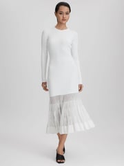 Reiss Cream Tasmin Knitted Sheer Flared Midi Dress - Image 1 of 6