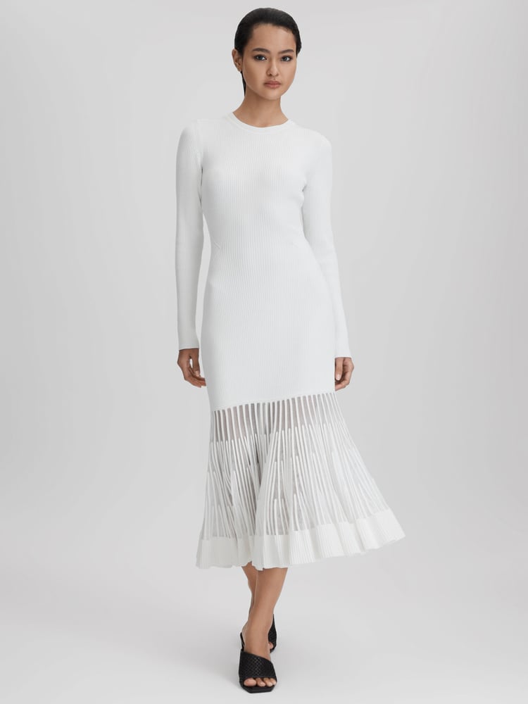 Reiss Cream Tasmin Knitted Sheer Flared Midi Dress - Image 1 of 6