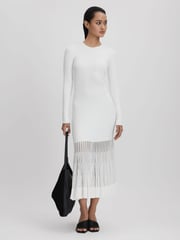 Reiss Cream Tasmin Knitted Sheer Flared Midi Dress - Image 5 of 6