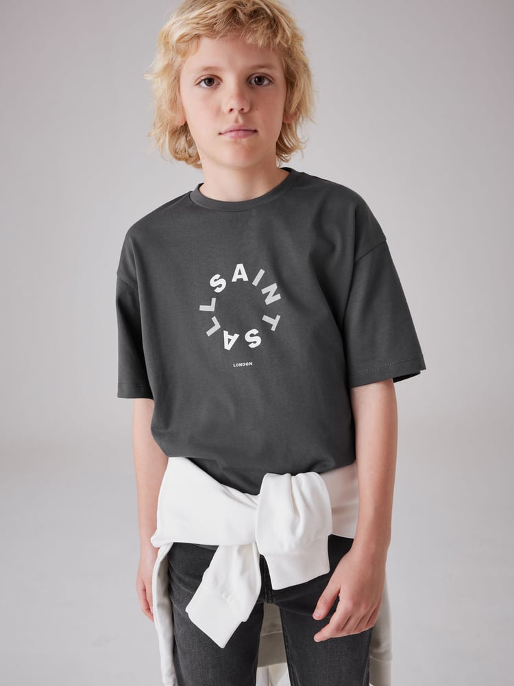 smALLSAINTS Charcoal Grey Tierra Oversized Crew Logo 100% Cotton T-Shirt - Image 1 of 7