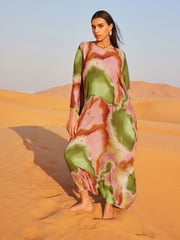 Multi Smudge Print Long Sleeve Sheer Kaftan Midi Dress - Image 1 of 5