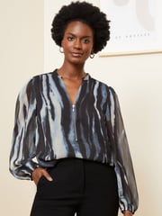 Love & Roses Grey Zip Front Mix Sheer Long Sleeve Blouse - Image 1 of 4