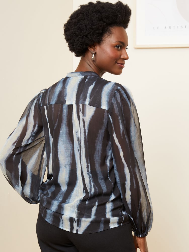 Love & Roses Grey Zip Front Mix Sheer Long Sleeve Blouse - Image 2 of 4