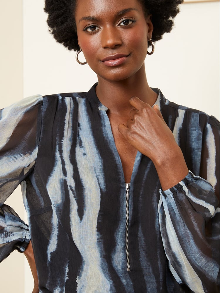Love & Roses Grey Zip Front Mix Sheer Long Sleeve Blouse - Image 4 of 4 Love & Roses Grey Zip Front Mix Sheer Long Sleeve Blouse - Image 4 of 4