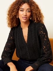 Love & Roses Black Lace Long Sleeve Button Front V Neck Blouse - Image 1 of 4