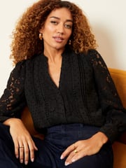 Love & Roses Black Lace Long Sleeve Button Front V Neck Blouse - Image 2 of 4