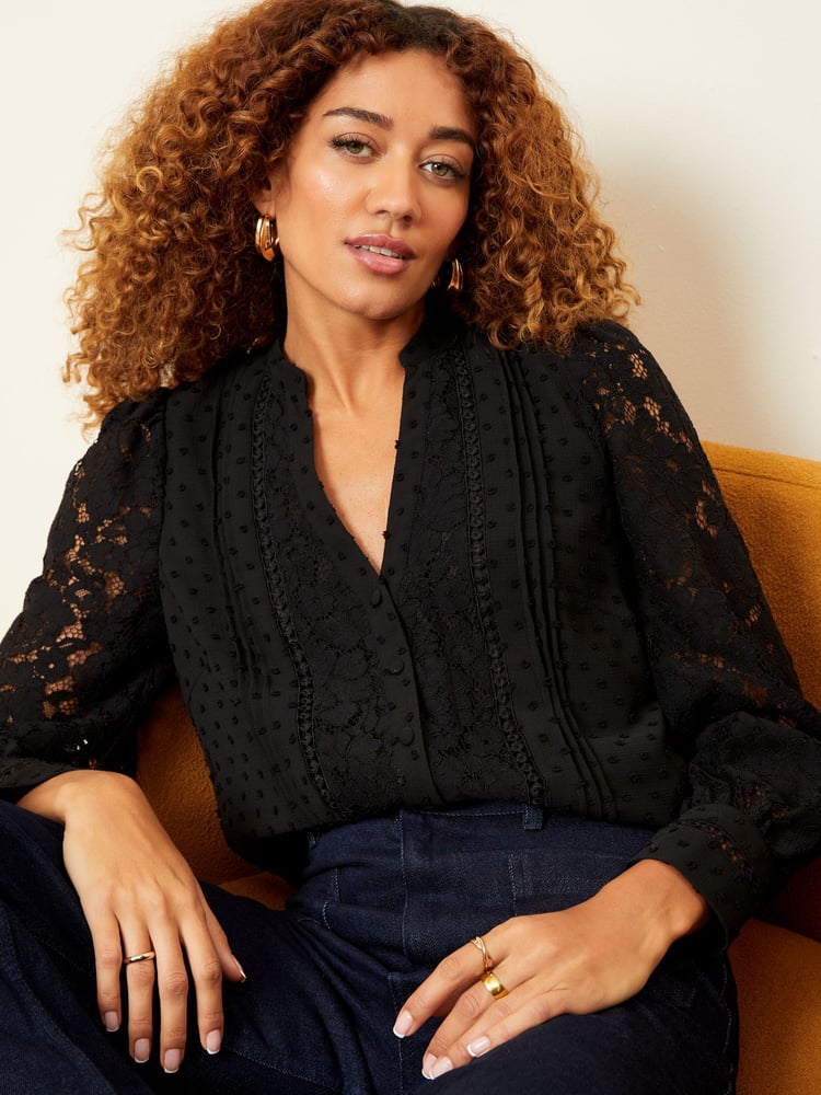 Love & Roses Black Lace Long Sleeve Button Front V Neck Blouse - Image 2 of 4