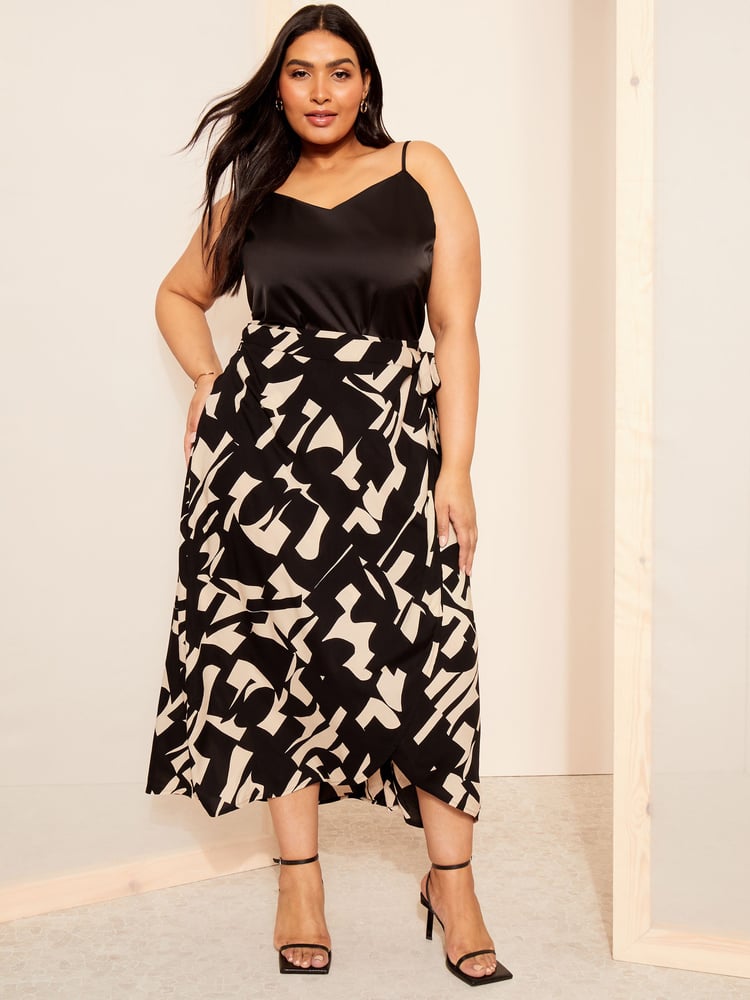 Curves Like These Black Geo Print Wrap Midi Skirt - Image 1 of 4