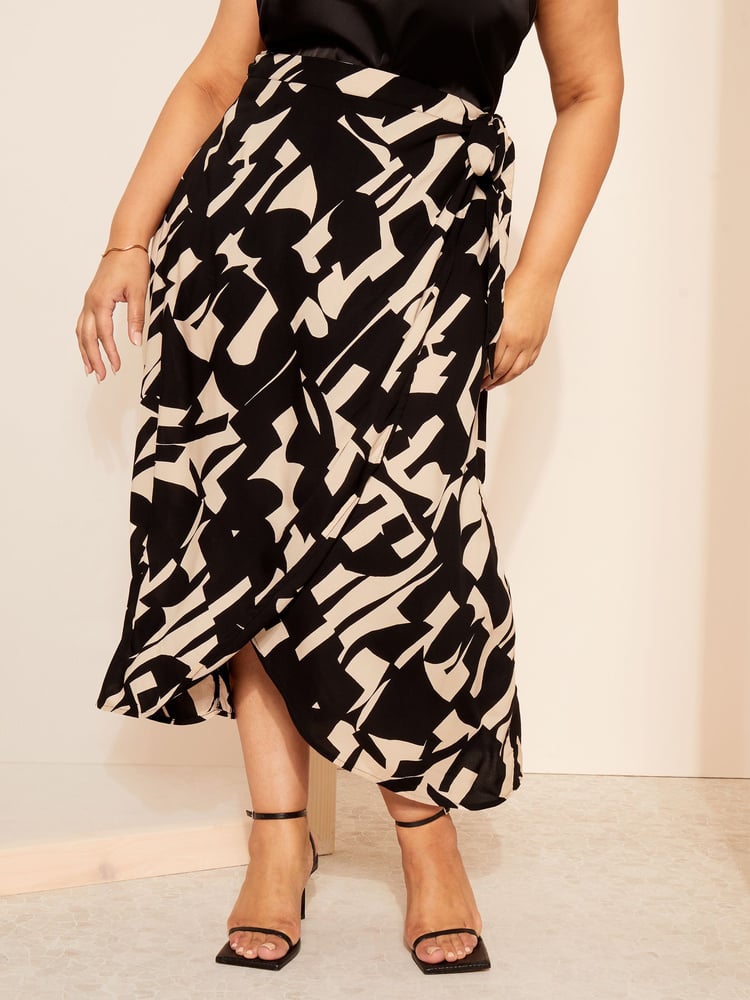 Curves Like These Black Geo Print Wrap Midi Skirt - Image 2 of 4