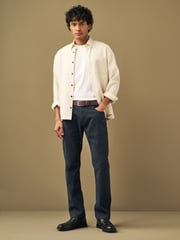 Navy Blue Slim Fit Smart Belted Printed Stretch Chinos - Image 2 of 12