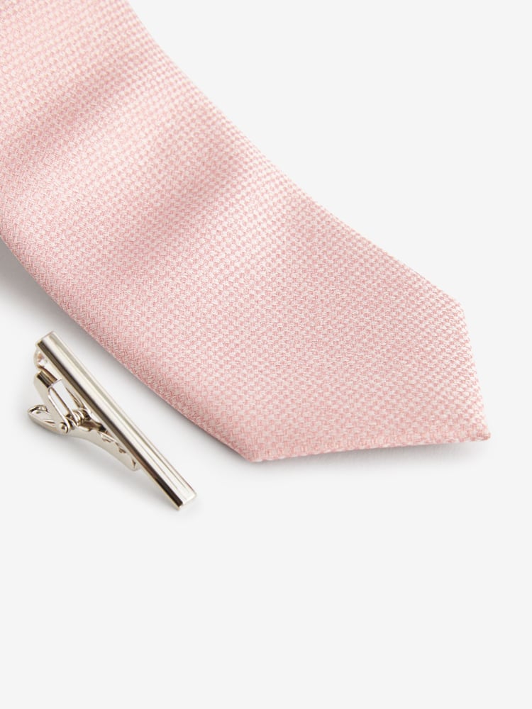 Light Pink Slim Textured Tie And Clip Set - Image 2 of 3 Light Pink Slim Textured Tie And Clip Set - Image 2 of 3