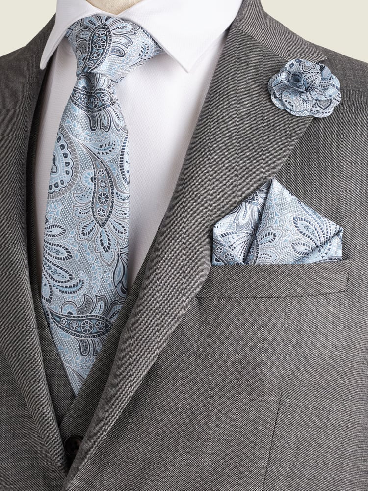 Light Blue Textured Paisley Tie, Pocket Square And Pin Set - Image 1 of 7