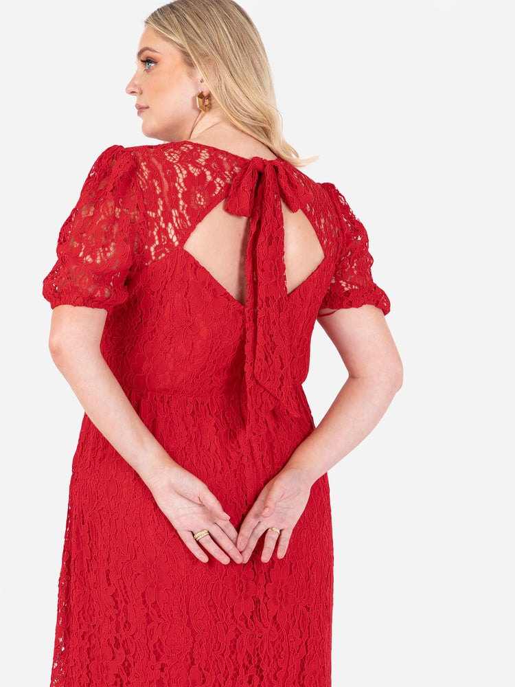 Lovedrobe Red Lace Puff Sleeve Midaxi Dress - Image 6 of 6