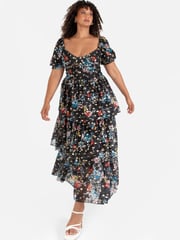 Lovedrobe Blue Foil Printed Lace Tiered Hem Midaxi Dress - Image 1 of 7