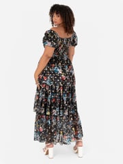 Lovedrobe Blue Foil Printed Lace Tiered Hem Midaxi Dress - Image 3 of 7