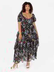 Lovedrobe Blue Foil Printed Lace Tiered Hem Midaxi Dress - Image 4 of 7