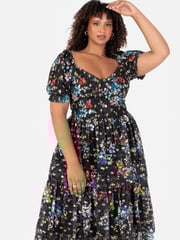 Lovedrobe Blue Foil Printed Lace Tiered Hem Midaxi Dress - Image 5 of 7