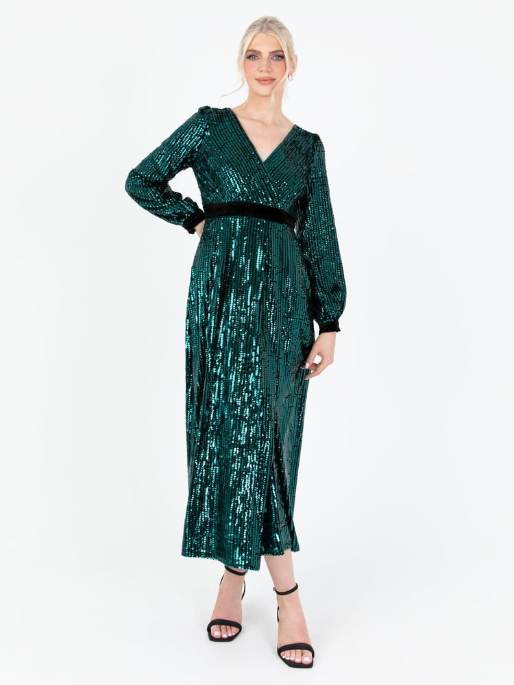 Lovedrobe Green Sequin Velvet Midaxi Dress - Image 1 of 6