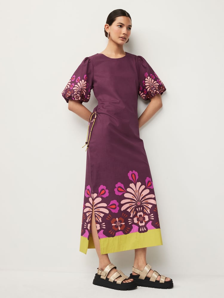 Wine Red Floral Placement Ruched Side Puff Sleeve Midi Dress - Image 1 of 5