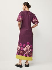 Wine Red Floral Placement Ruched Side Puff Sleeve Midi Dress - Image 2 of 5