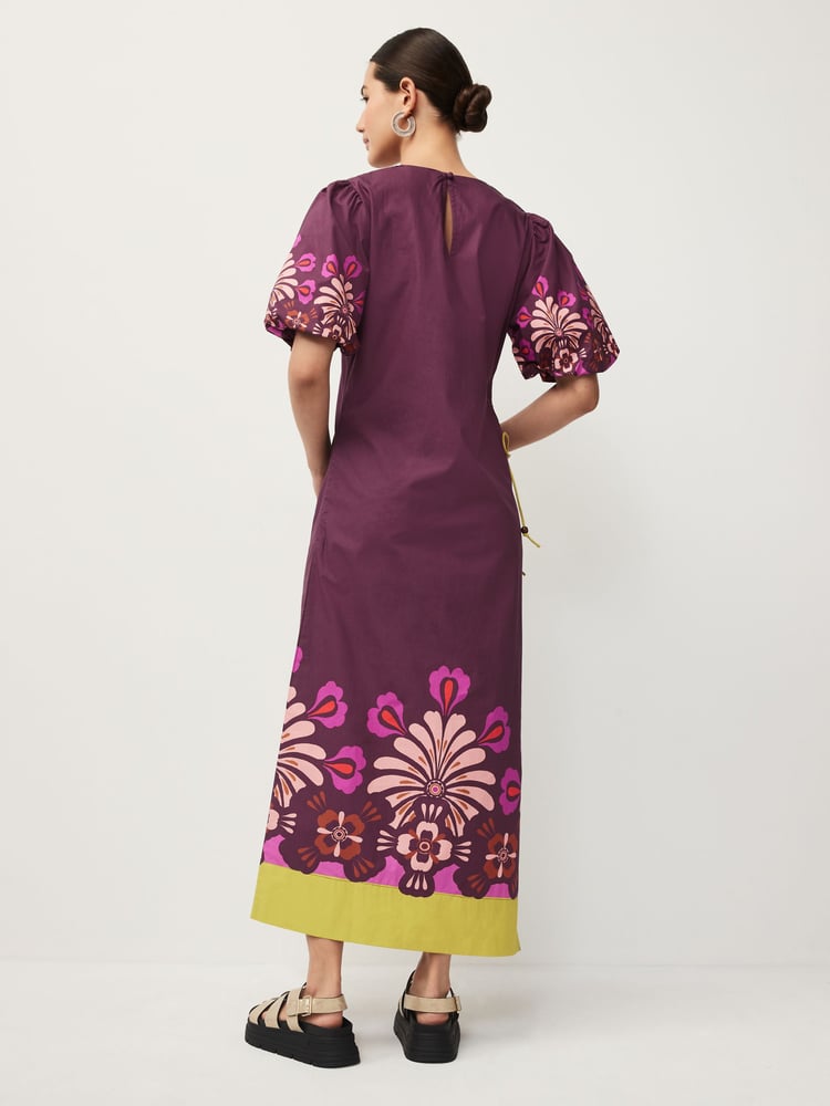Wine Red Floral Placement Ruched Side Puff Sleeve Midi Dress - Image 2 of 5