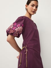 Wine Red Floral Placement Ruched Side Puff Sleeve Midi Dress - Image 3 of 5