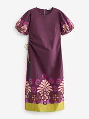 Wine Red Floral Placement Ruched Side Puff Sleeve Midi Dress - Image 4 of 5