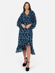 Lovedrobe Blue Printed Ruffle Detail Midi Dress - Image 1 of 4