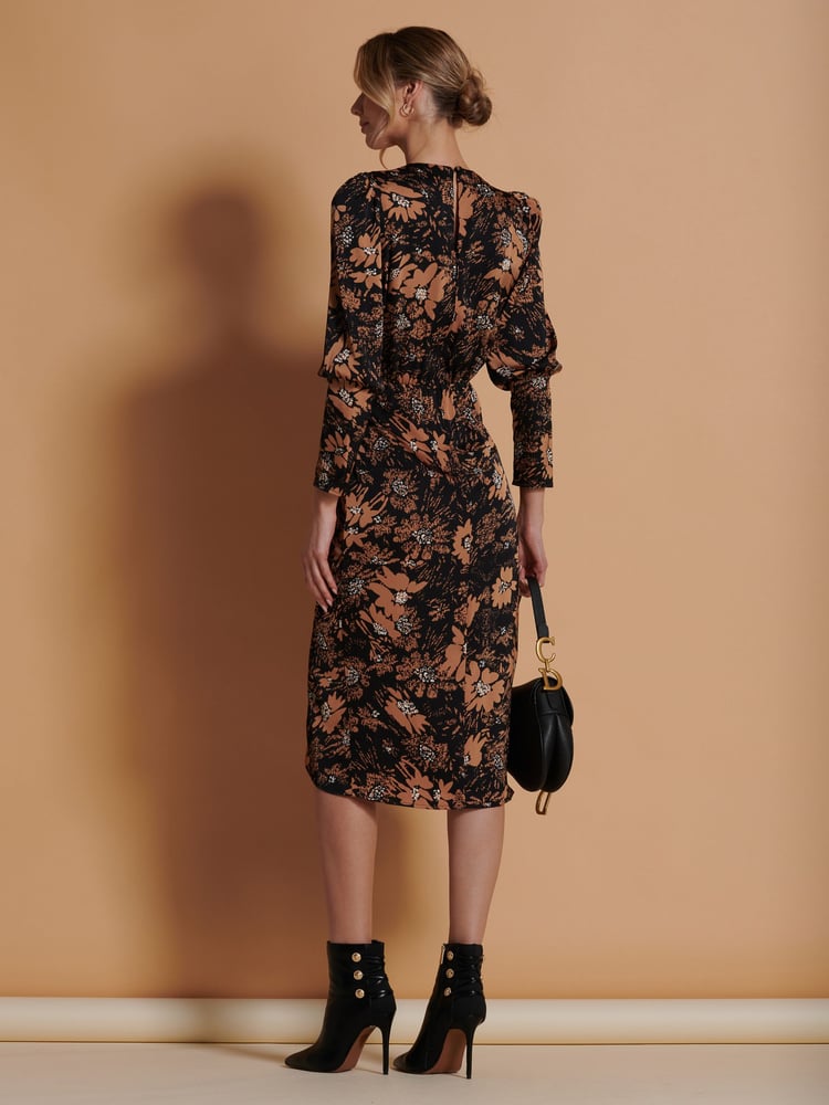 Jolie Moi Brown Print Satin Wrap Bodycon Dress - Image 2 of 6