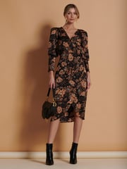 Jolie Moi Brown Print Satin Wrap Bodycon Dress - Image 4 of 6