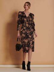 Jolie Moi Brown Print Satin Wrap Bodycon Dress - Image 5 of 6