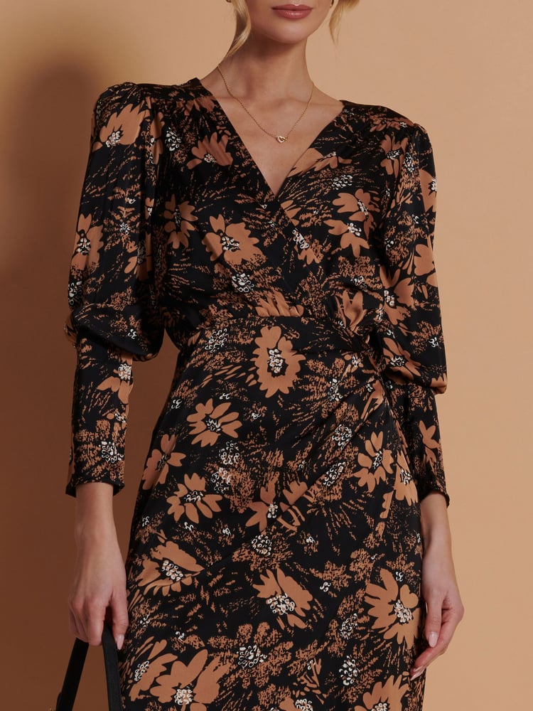 Jolie Moi Brown Print Satin Wrap Bodycon Dress - Image 6 of 6