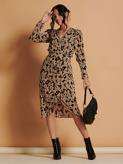Jolie Moi Brown Leopard Print Wrap Detail Bodycon Dress - Image 1 of 6