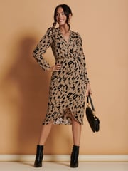Jolie Moi Brown Leopard Print Wrap Detail Bodycon Dress - Image 3 of 6