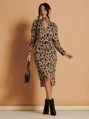 Jolie Moi Brown Leopard Print Wrap Detail Bodycon Dress - Image 4 of 6