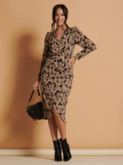 Jolie Moi Brown Leopard Print Wrap Detail Bodycon Dress - Image 5 of 6