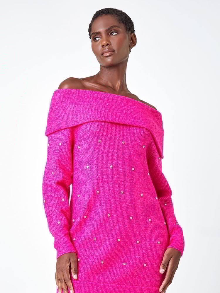 Roman Pink Sparkle Embellished Bardot Jumper - Image 1 of 4