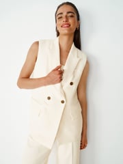 Ecru Longline Sleeveless Double Breasted Blazer - Image 1 of 6