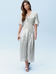 Silver Sequin Flutter Sleeve Maxi Dress - Image 6 of 11