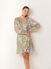Silver Metallic Mini Wrap Ruffle Dress - Image 1 of 6